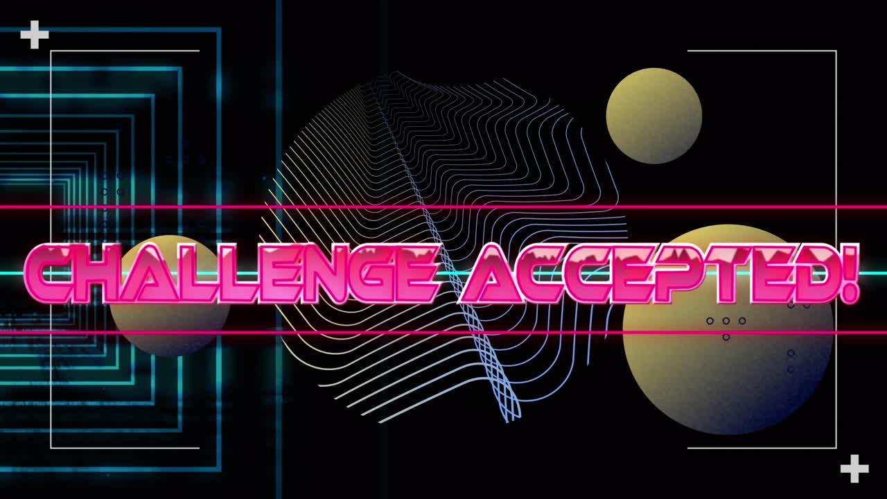 어두운 배경에 네온 모양 위에 도전 받아들여진 텍스트의 애니메이션