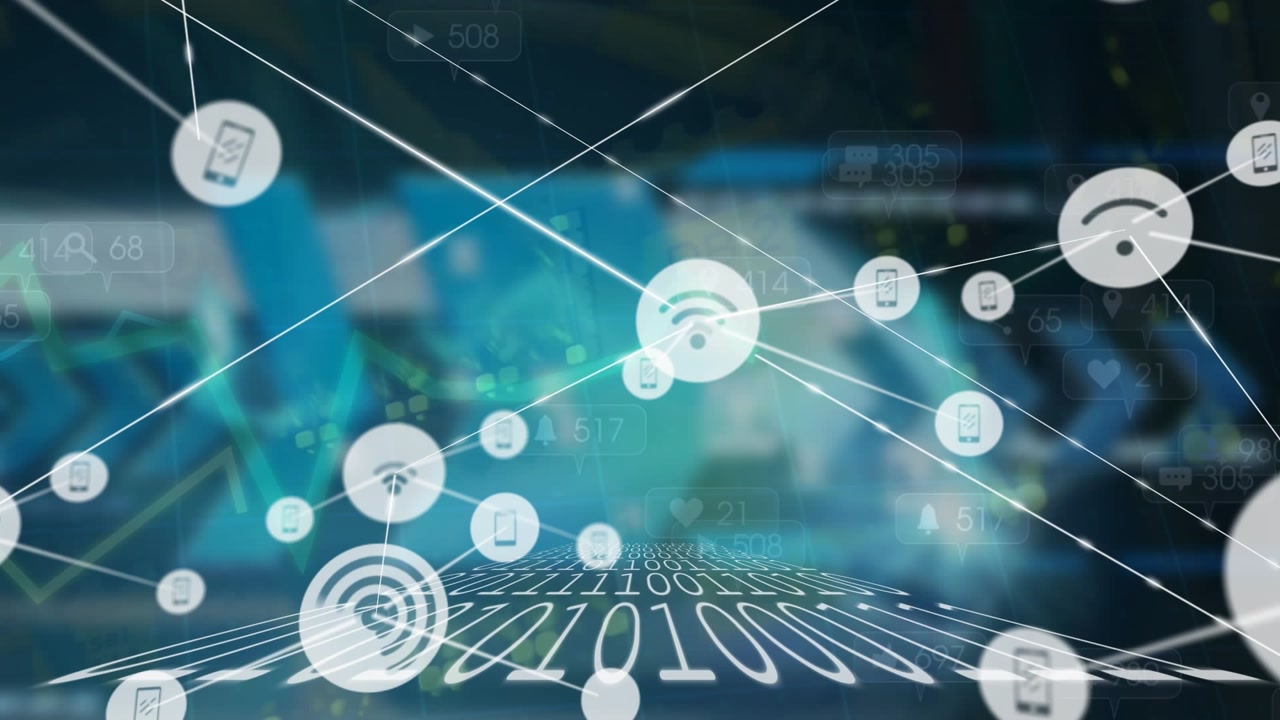 Animated Digital Network with Binary Code and Social Media Icons