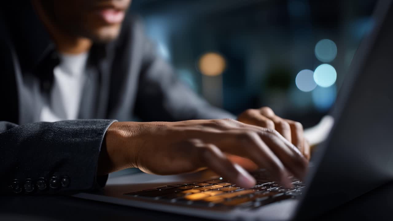 Focused Individual Using Laptop at Night, Engaged in Productive Work in a Cozy Environment with Soft Lighting and a Concentrated Attitude Towards the Task