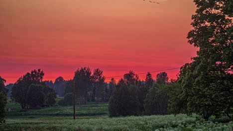 Roter-Himmel-Bei-Sonnenuntergang-über-Ländlichen-Feldern-Und-Bäumen