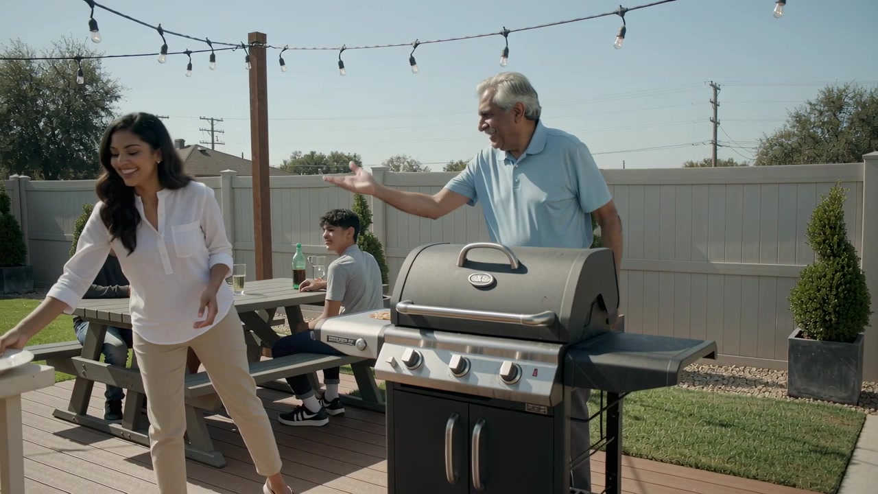 Lifting lid, senior man checking grill on deck, woman in white blouse placing plate to serve