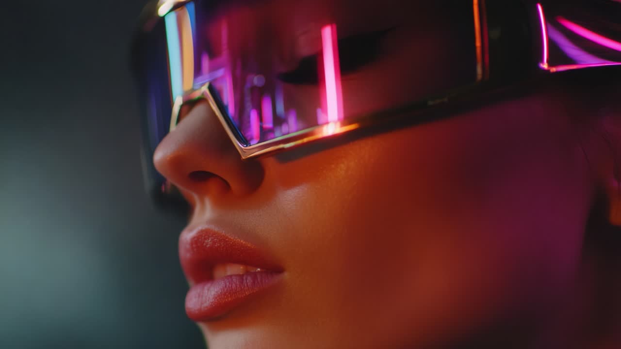 Uma perspectiva em close-up de uma mulher usando óculos de sol futuristas e estilosos, destacando seus traços elegantes e os reflexos vibrantes e coloridos em seus óculos contra um plano de fundo suavemente iluminado