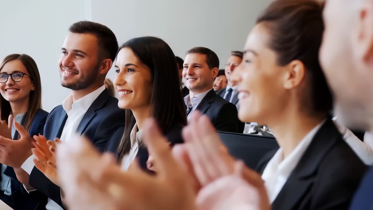 A group of business professionals applauding a speaker during a presentation