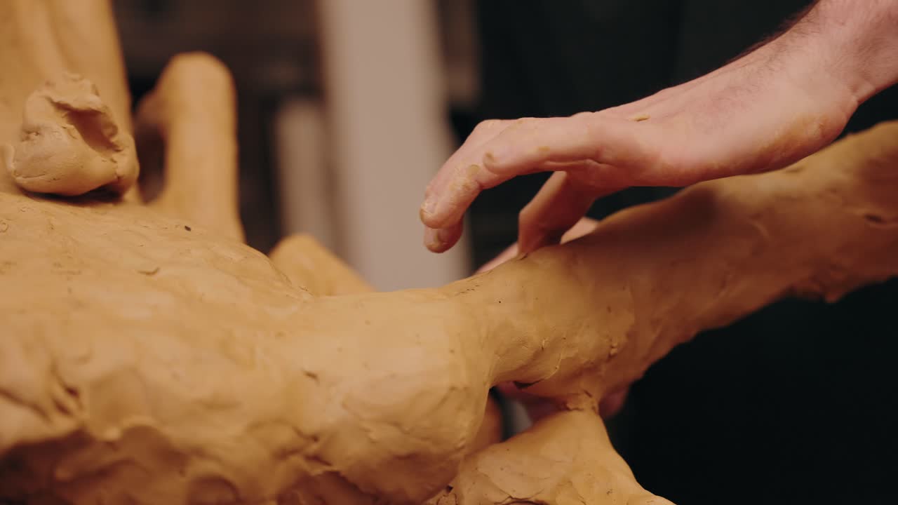 artist shaping a clay sculpture using hands in workshop setting