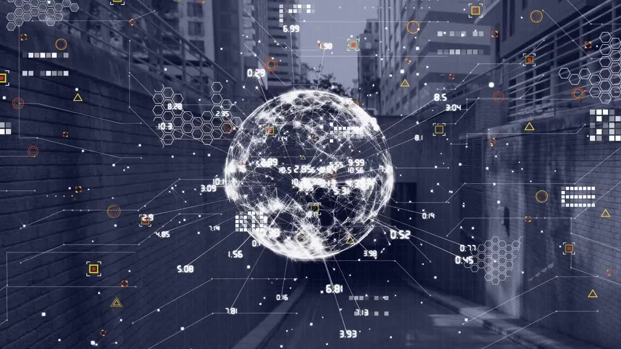 Animation of network of connections with globe over cityscape