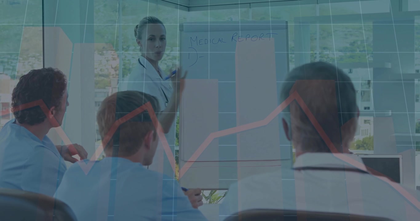 Female doctor writing Medical Report on chart during briefing with animated grid and line graph