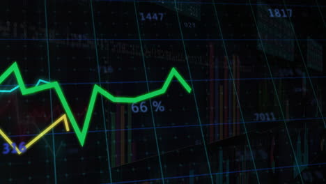animación de las estadísticas y el procesamiento de datos digitales sobre cuadrícula sobre fondo negro