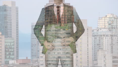 animation of caucasian businessman over cityscape