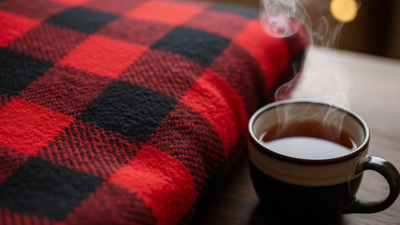 A Cozy Scene Featuring a Warm Cup of Tea Sitting Beside a Red Plaid Blanket Emitting Steam, Perfect for Cold Weather Relaxation and Comfort Moments