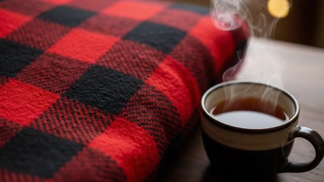 a cozy scene featuring a warm cup of tea sitting beside a red plaid blanket emitting steam, perfect for cold weather relaxation and comfort moments