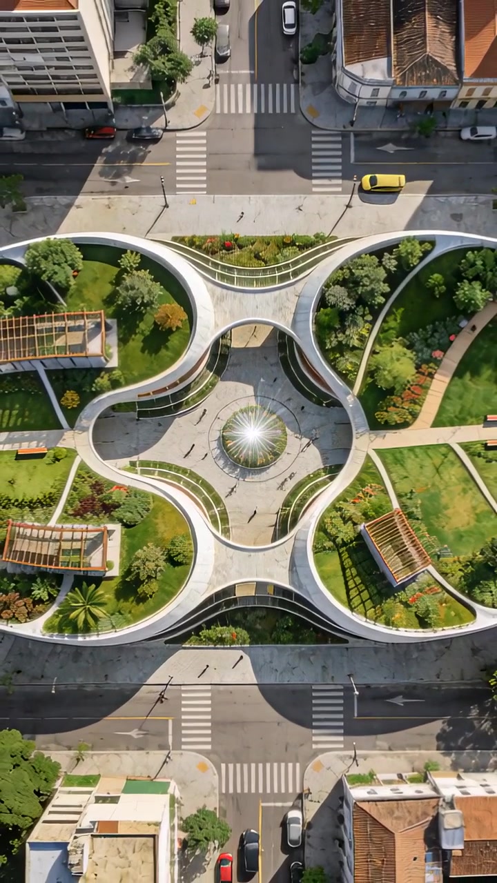 Vídeo vertical: Drone em movimento revelando um jardim no telhado de quatro lóbulos sobre uma rua da cidade, para mostrar uma esfera