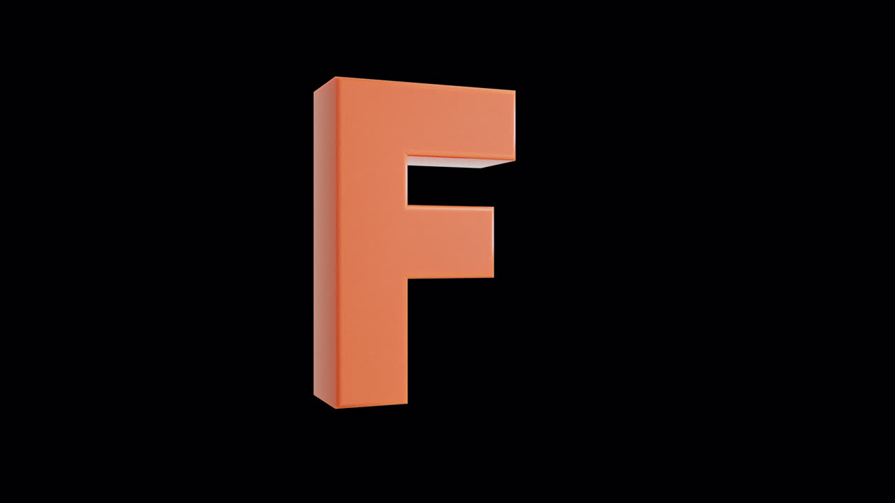 Lettera F arancione 3D rotante su sfondo nero.