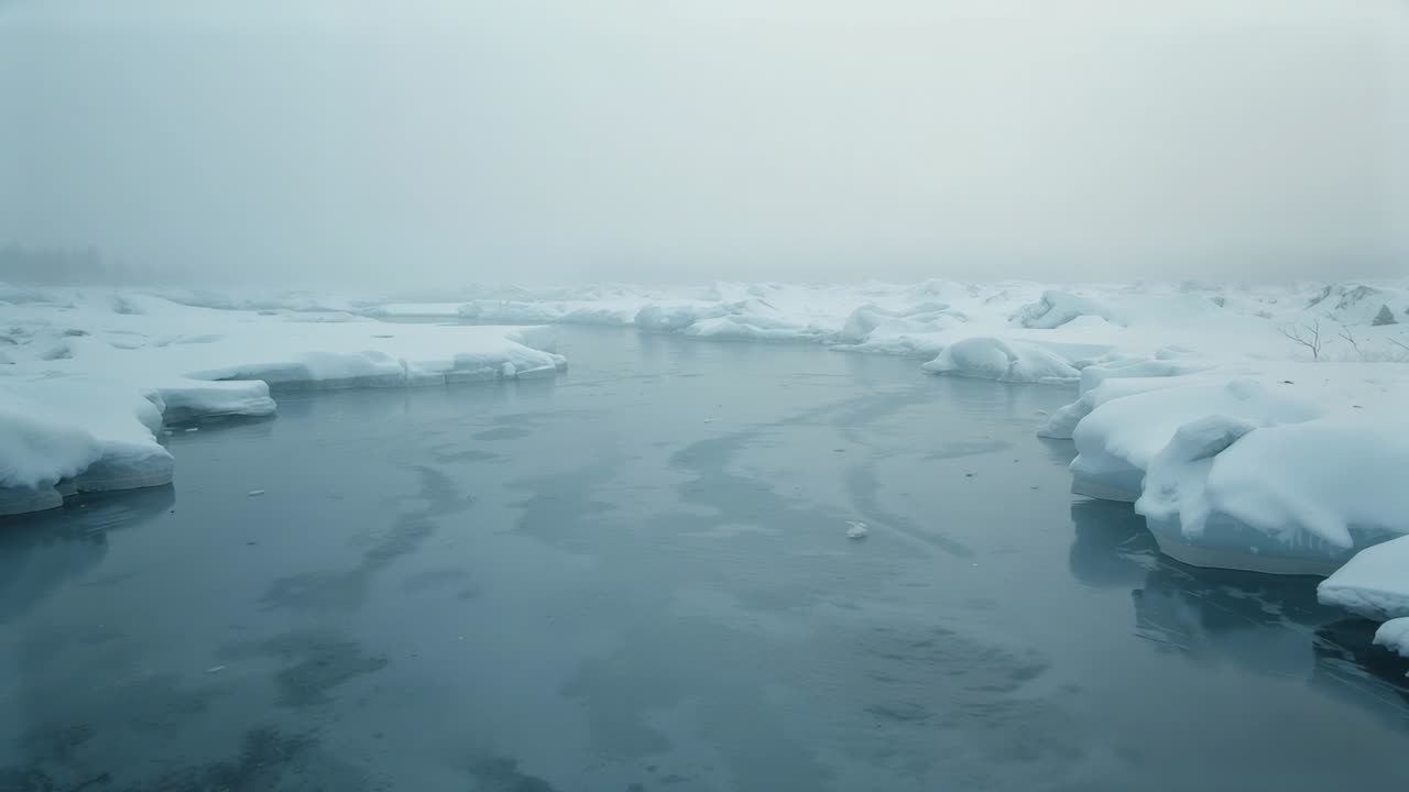 Camera recording partially frozen water surface drifting ice floes amid snow-covered banks in mist