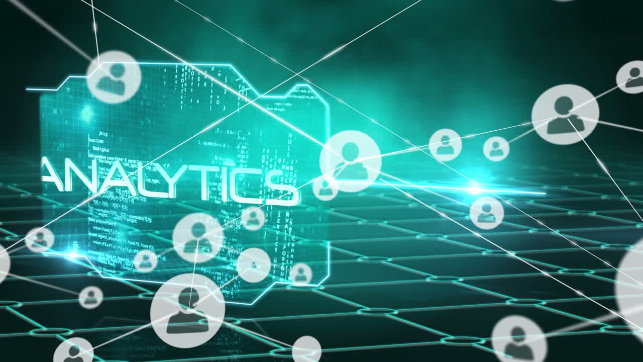 포인트를 연결하는 프로필 아이콘의 애니메이션, 그리드와 함께 디지털 인터페이스에서 데이터 처리