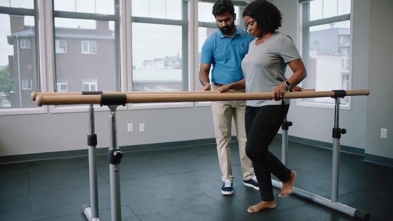 Receiving clinician cue, woman in gray shirt taking heel-to-toe steps at parallel bars for balance