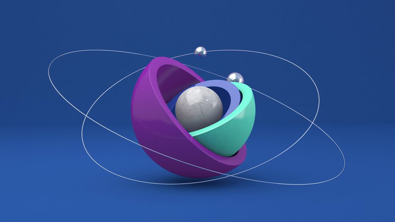 보라색, 파란색, 민트 반구, 금속 공, 추상 애니메이션, 3d 렌더링
