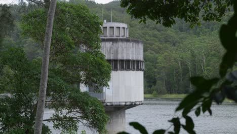 view of clarrie hall dam water station framed by trees, showcasing the natural environment and the water facility in the distance.