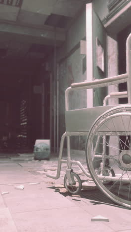 an abandoned hospital hallway with a wheelchair