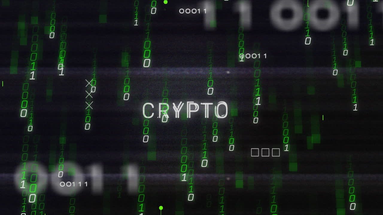 Animation of crypto text and binary coding data processing over circuit board