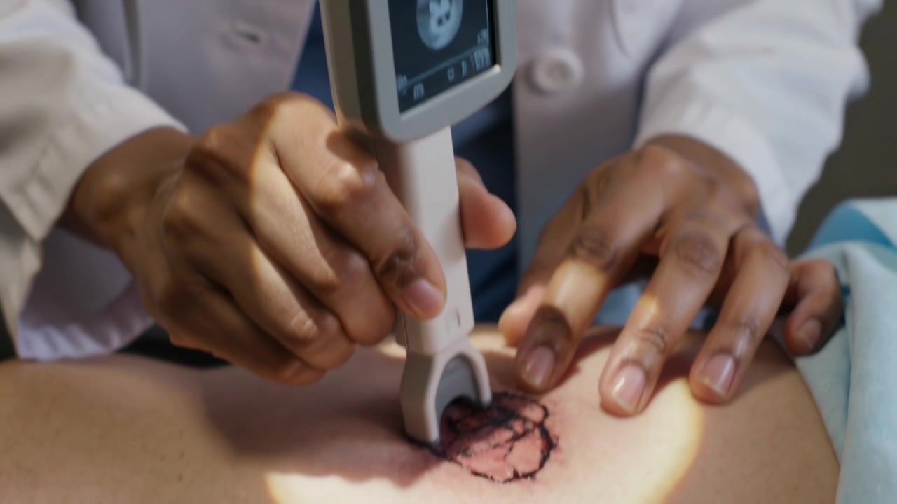 Un medico in camice bianco e divisa blu individua un marcatore ed esamina una lesione addominale con una sonda portatile.