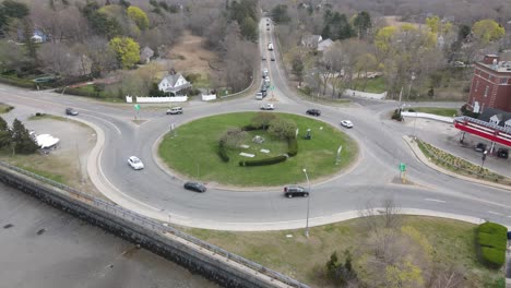 aerial footage view of route 3a and summer street as they come off the rotary or roundabout in hingham, ma usa