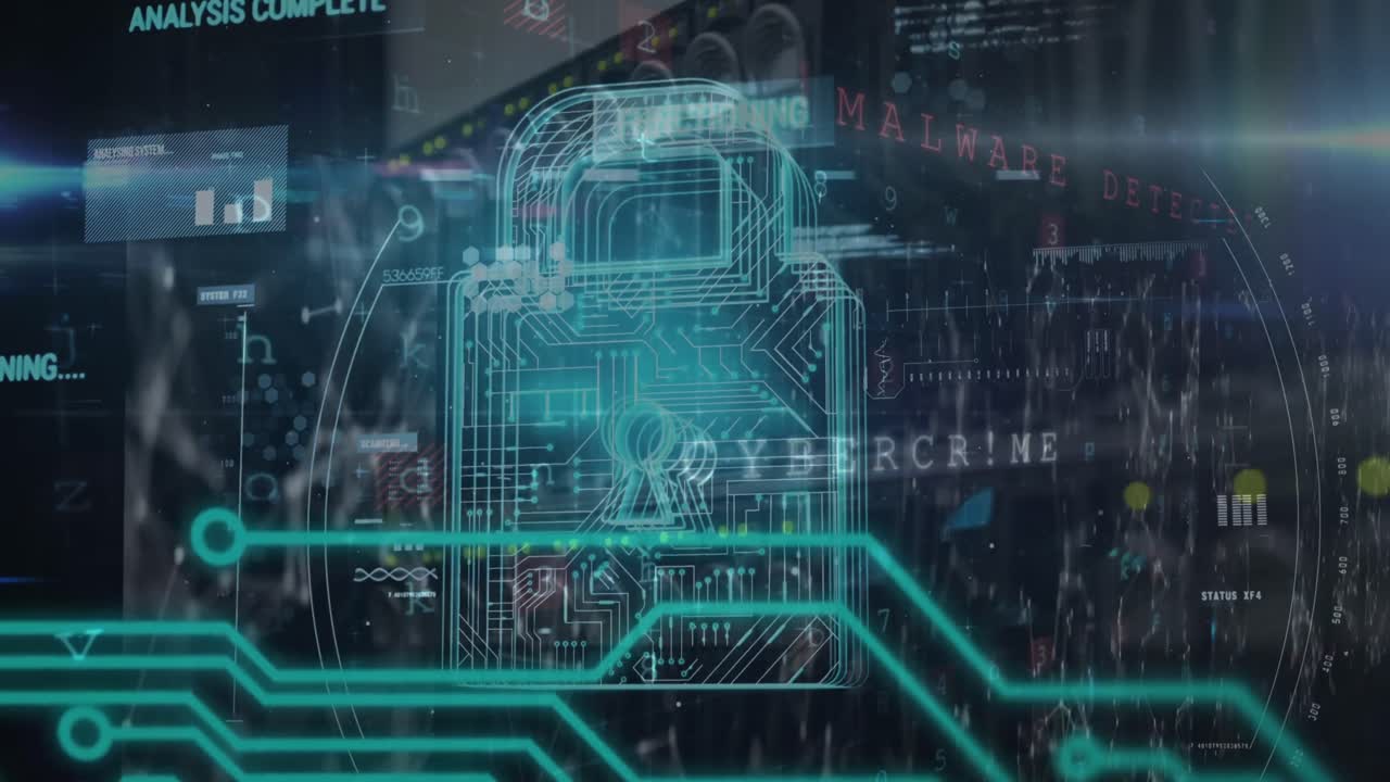 Animation of warning data processing, online security padlock and circuit board