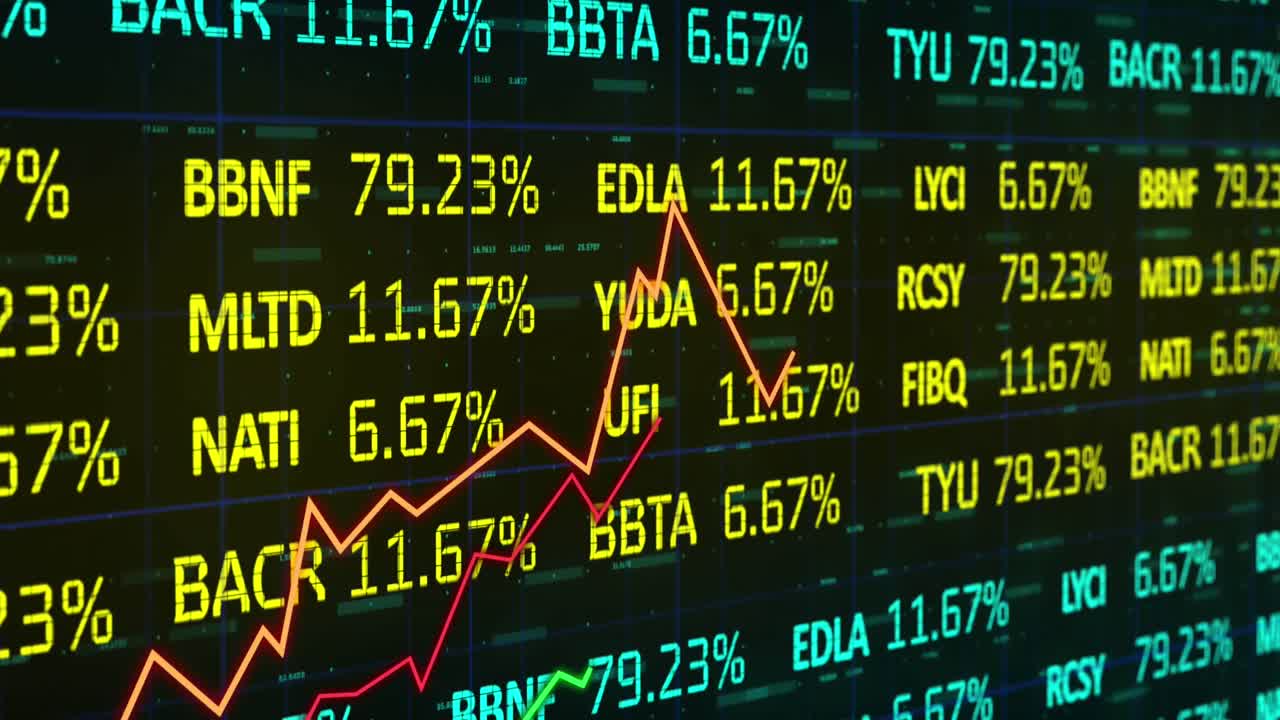 Animazione dell'elaborazione di dati finanziari su sfondo scuro