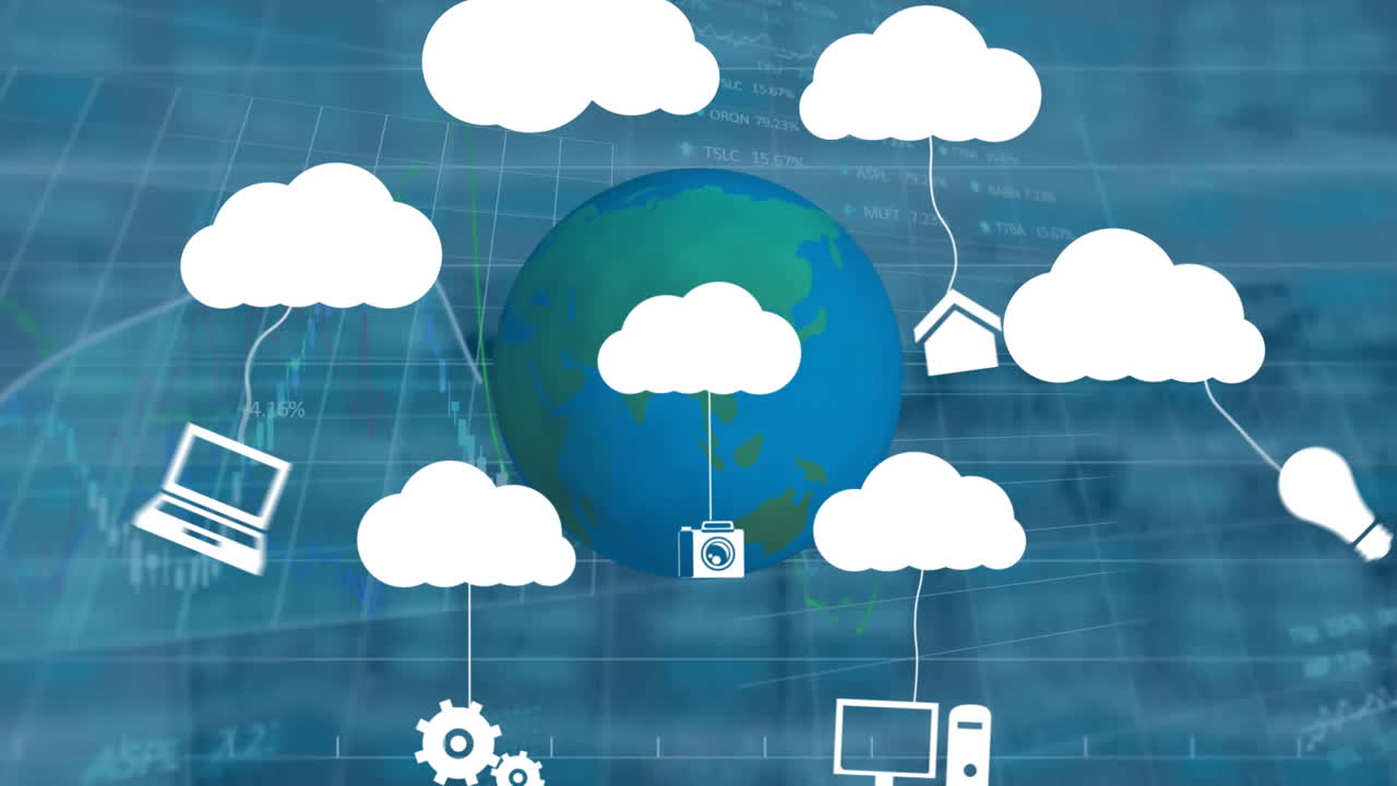 animación de nubes con iconos y globo sobre el procesamiento de datos
