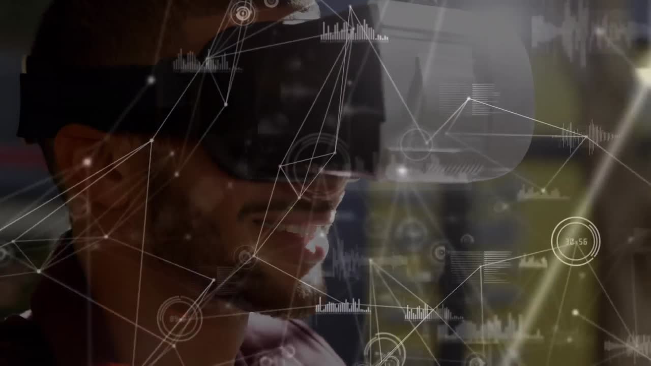 Animation af forbindelsesnetværk over forretningsmand der bruger VR-headset