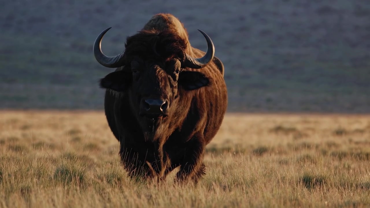 Bisonte americano che cammina attraverso un campo erboso al tramonto