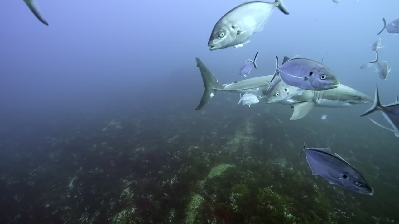 gran tiburón blanco con cicatrices de batalla carcharodon carcharias 4k primer plano de tiburón con cicatrices islas neptuno sur de australia