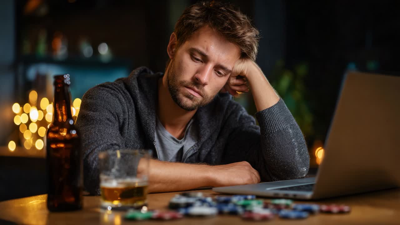 A contemplative man with a pensive expression stares intently at his laptop, surrounded by poker chips and a glass of whiskey, reflecting on his thoughts during an evening filled with uncertainty