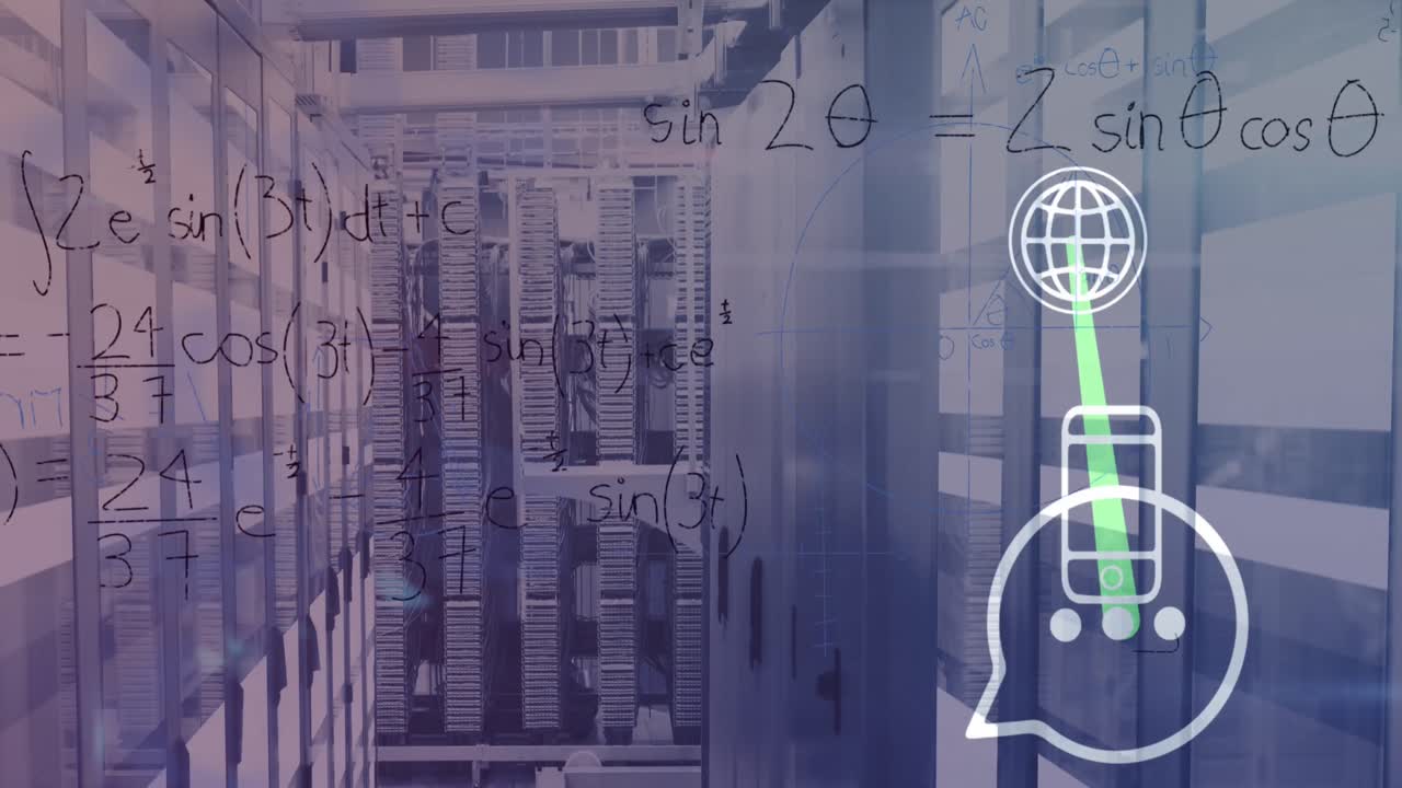 animación de fórmulas matemáticas y iconos de teléfonos inteligentes en servidores