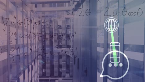animación de fórmulas matemáticas y iconos de teléfonos inteligentes en servidores