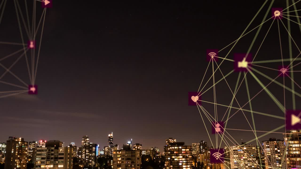 animación de redes de conexiones y paisaje urbano sobre fondo marrón