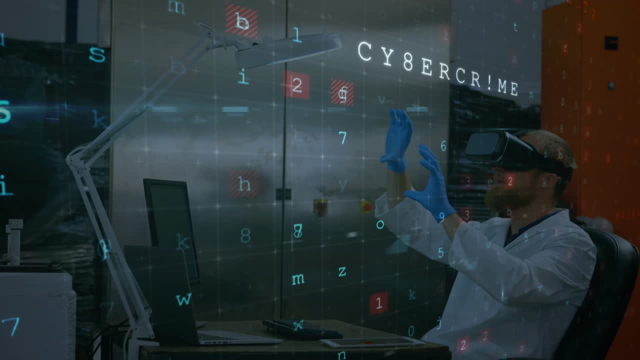 vr 헤드 ⁇ 을 가진 과학자 위의 사이버 공격 경고의 애니메이션