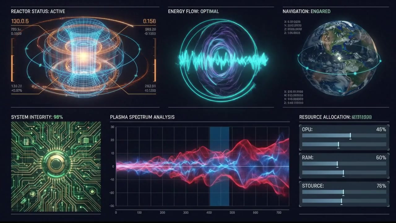 Futuristic Digital Dashboard Displaying Reactor Status and Energy Flow