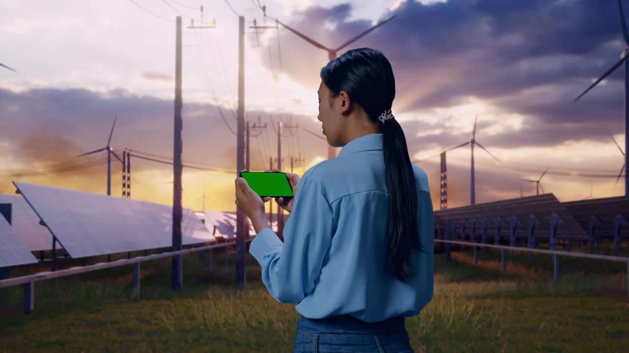 Back View Of Asian Female With Solar Panel and Wind Turbines, Checking On Smartphone With Green Screen And Look At Wind Turbines Farm