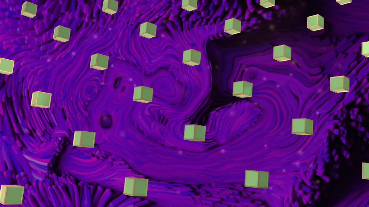 Animation of rows of 3d cubes over glowing light trails moving over dark background