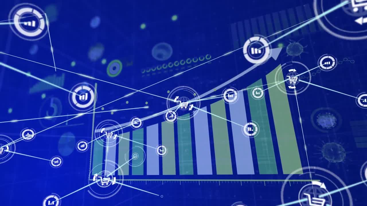 animación de una red de iconos digitales sobre el procesamiento de datos estadísticos contra un fondo azul