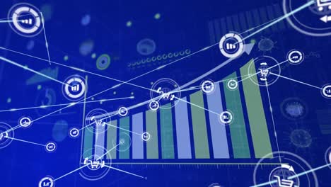 animation of network of digital icons over statistical data processing against blue background
