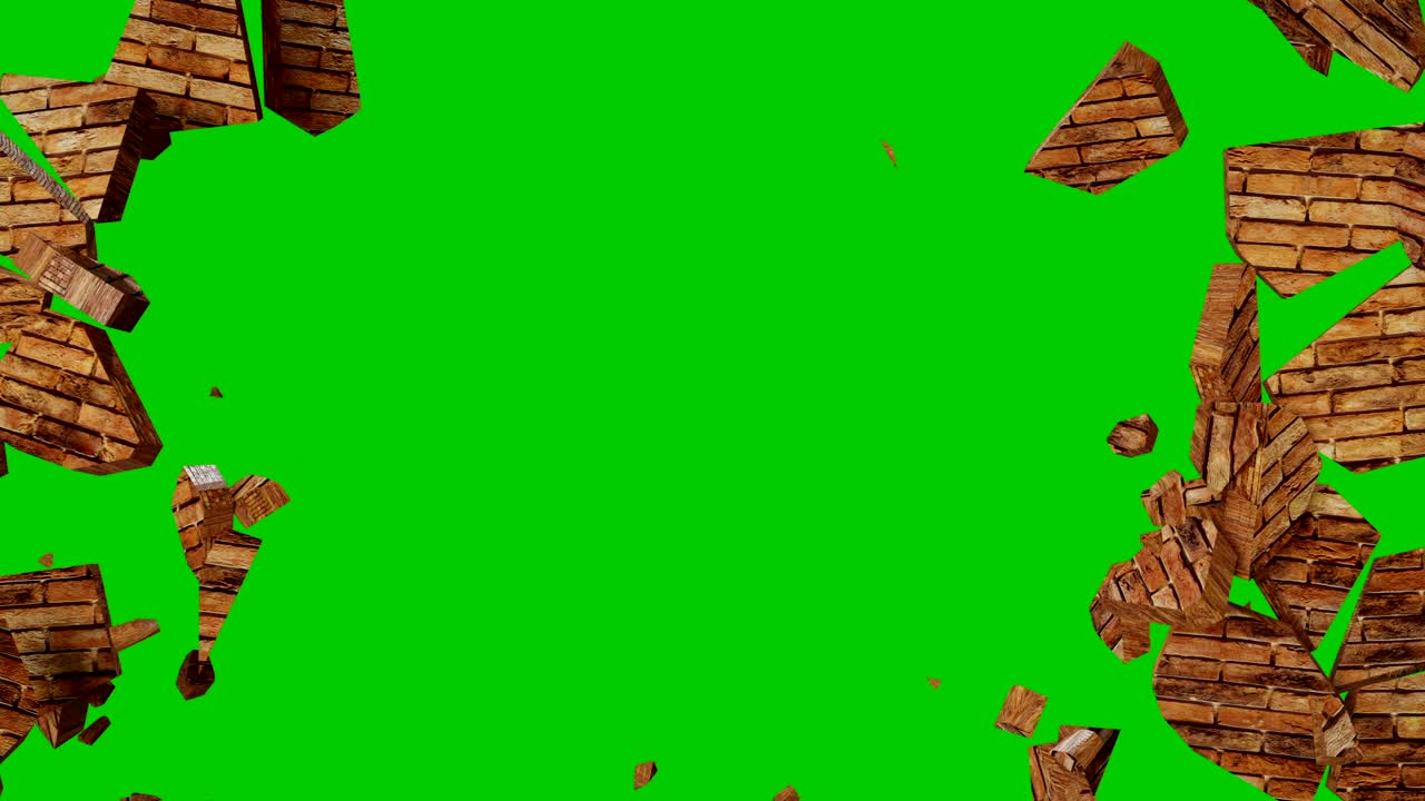 벽돌 벽은 작은 조각으로 부서집니다. 느린 동작 효과, 폭발, 파괴, 깨진 벽돌의 벽은 녹색 배경에 고립됩니다.