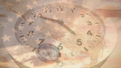 animation of clock over world map with compass and flag of usa