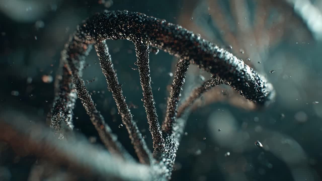 Esplorando la complessità strutturale del DNA: una vista ravvicinata del materiale genetico in movimento e in un ambiente dinamico, che evidenzia dettagli intricati e interazioni molecolari.