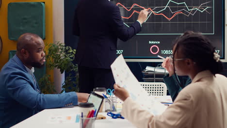 project managers making presentation with annual reports to evaluate statistics