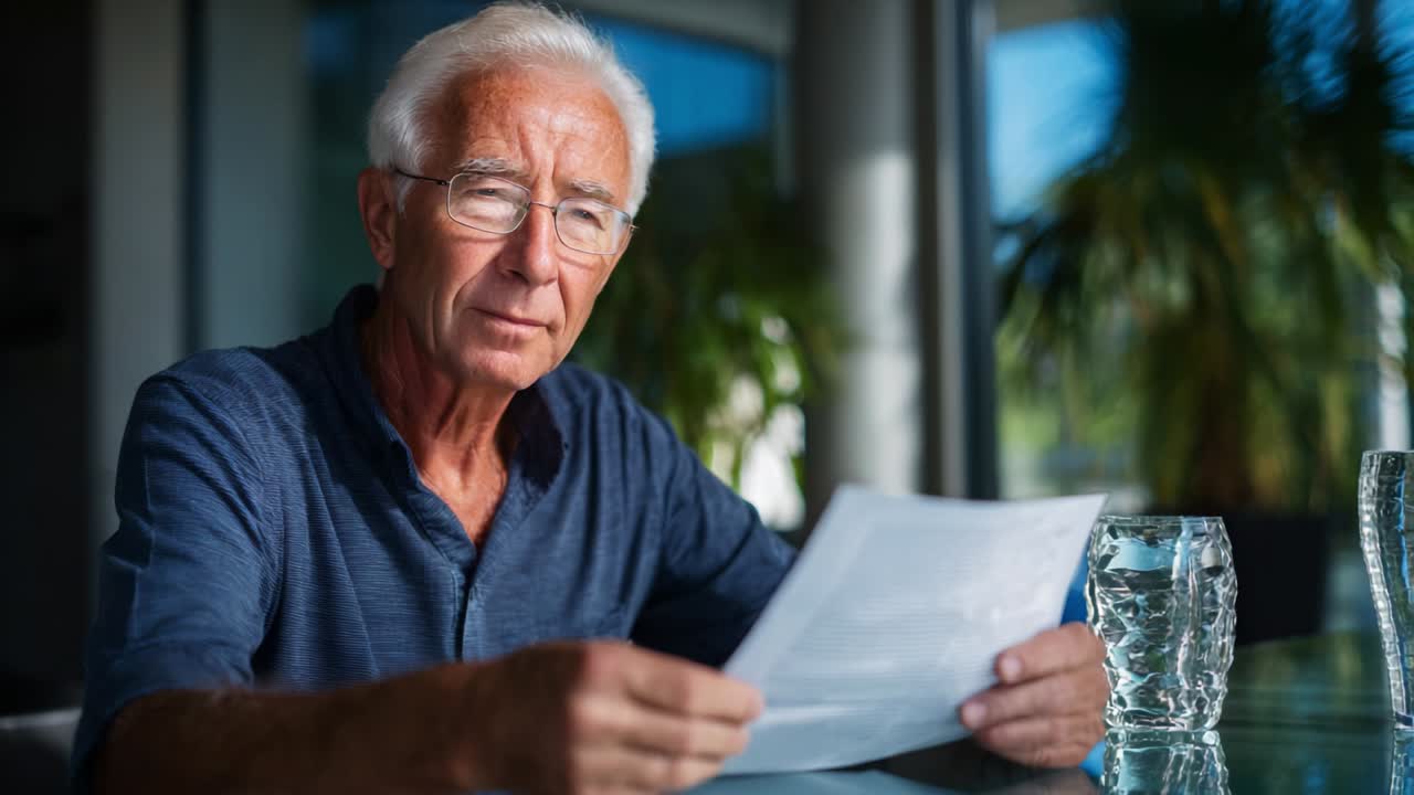 An Elderly Man Intently Reading a Document While Seated at a Table, Surrounded by Glasses of Water and Bathed in Natural Light, Reflecting a Moment of Reflection and Focus