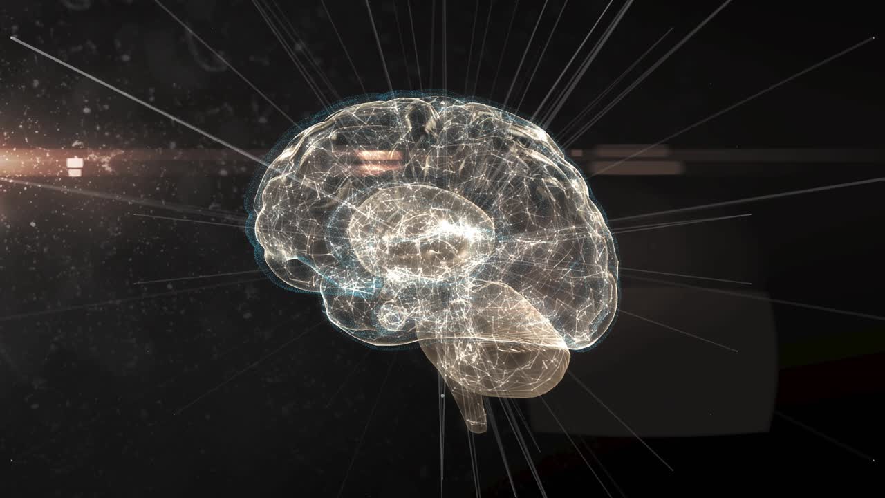 Bolle che appaiono dal bordo sinistro e fluttuano verso l'ologramma di un cervello 3D, mostrando un sovraccarico di notifiche