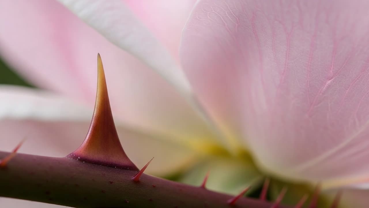 Delicate Beauty and Hidden Danger: A Close-Up Exploration of a Pink Rose Blossom and its Sharp Thorns Representing Nature's Duality