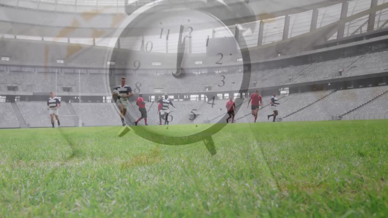 럭비를 하는 두 개의 다민족 럭비 팀 위에 떨어지는 시계의 애니메이션