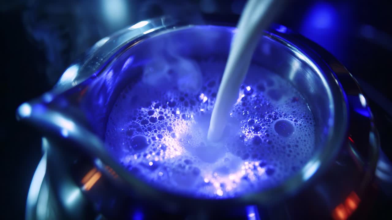 A mesmerizing sequence showing milk being poured into a vessel, observing the transformation of bubbles and textures in a beautifully lit setting